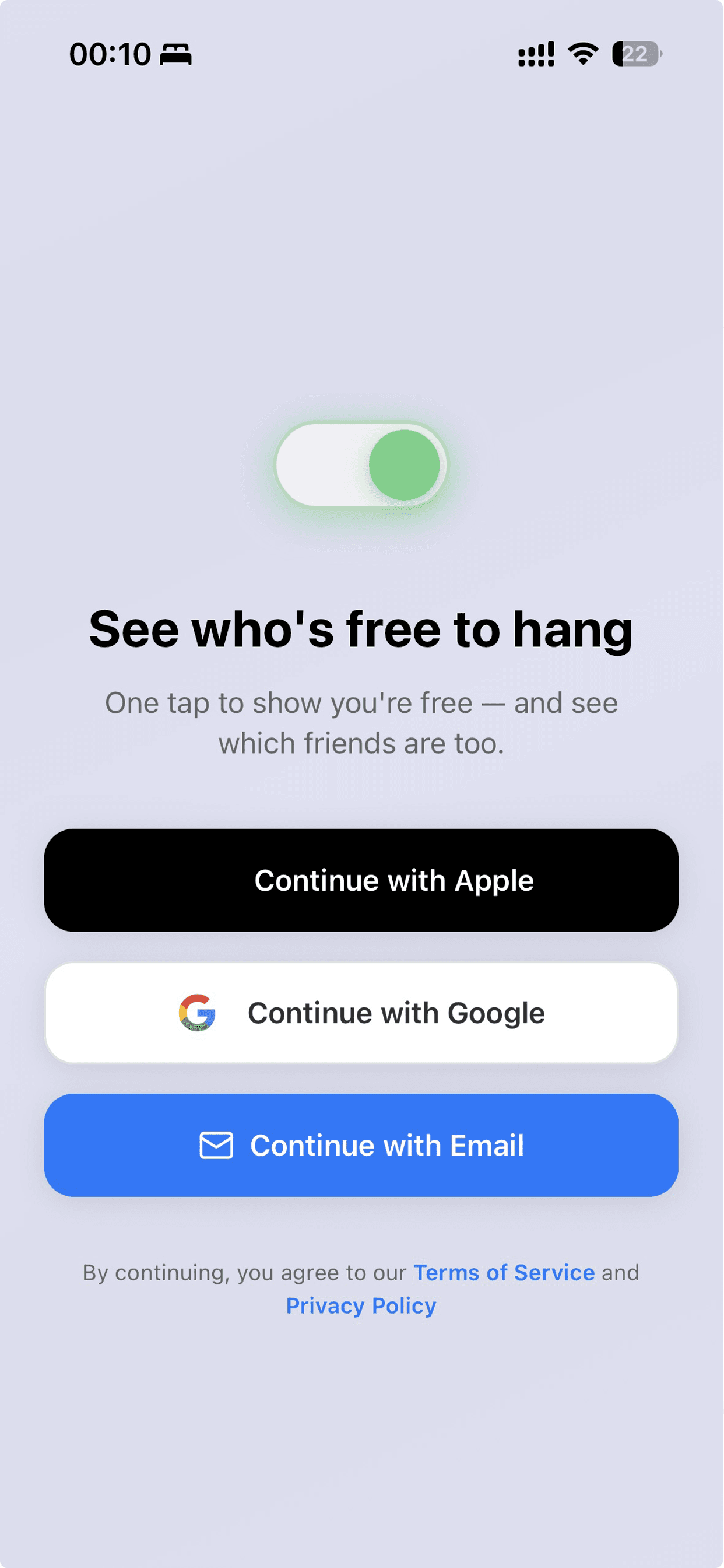Free to Hang welcome screen with sign-in options