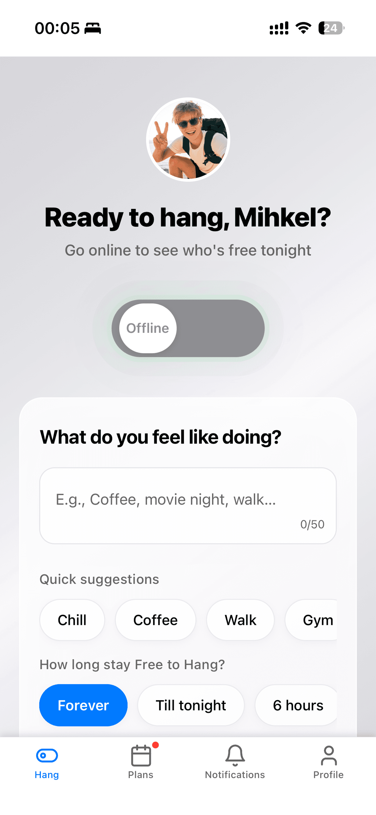 Hang tab with availability toggle and activity mood