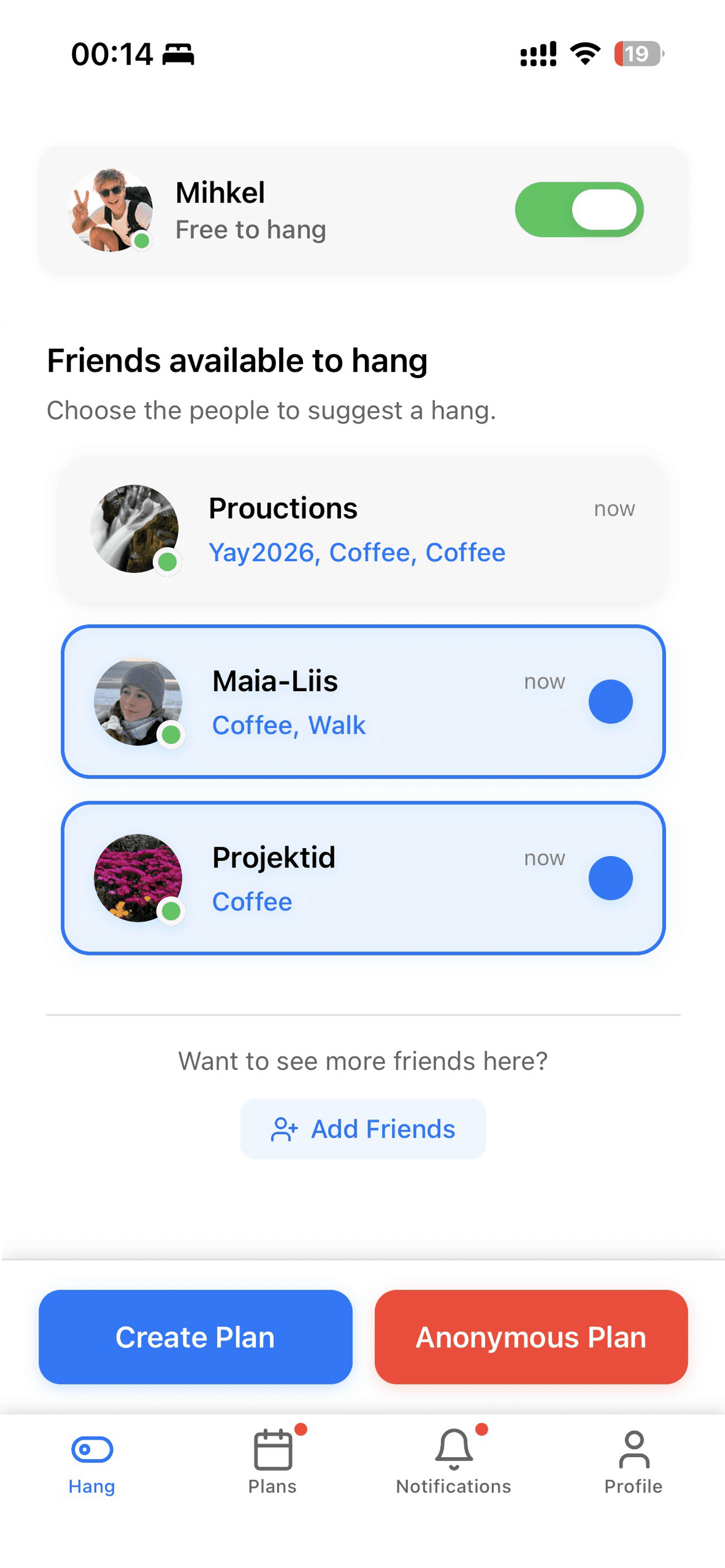 Free to Hang — friends available to hang, create a plan